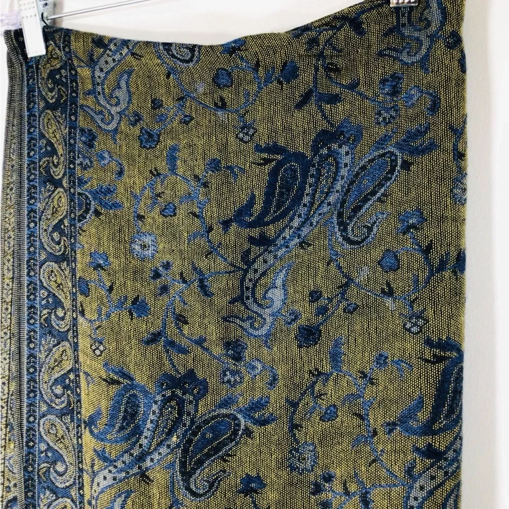 pashmina Olive Green and Navy Blue Paisley Fringe Wrap